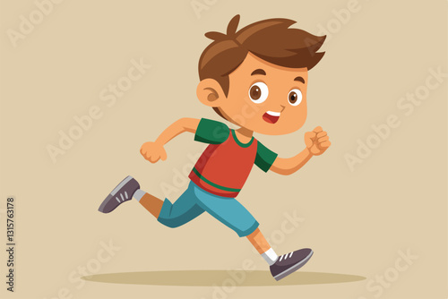 A young boy runs happily, showcasing his excitement while wearing colorful casual attire, Running boy