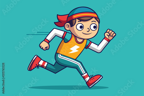 A cheerful cartoon character is depicted running swiftly against a bright blue background, showcasing excitement, Running Customizable Cartoon Illustration