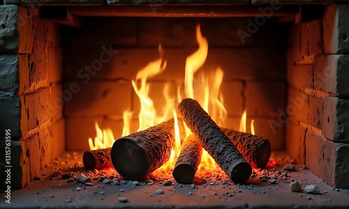 Cozy Fireplace Burning Brightly on a Cold Night Warmth and Comfort of a crackling fire in a brick fireplace