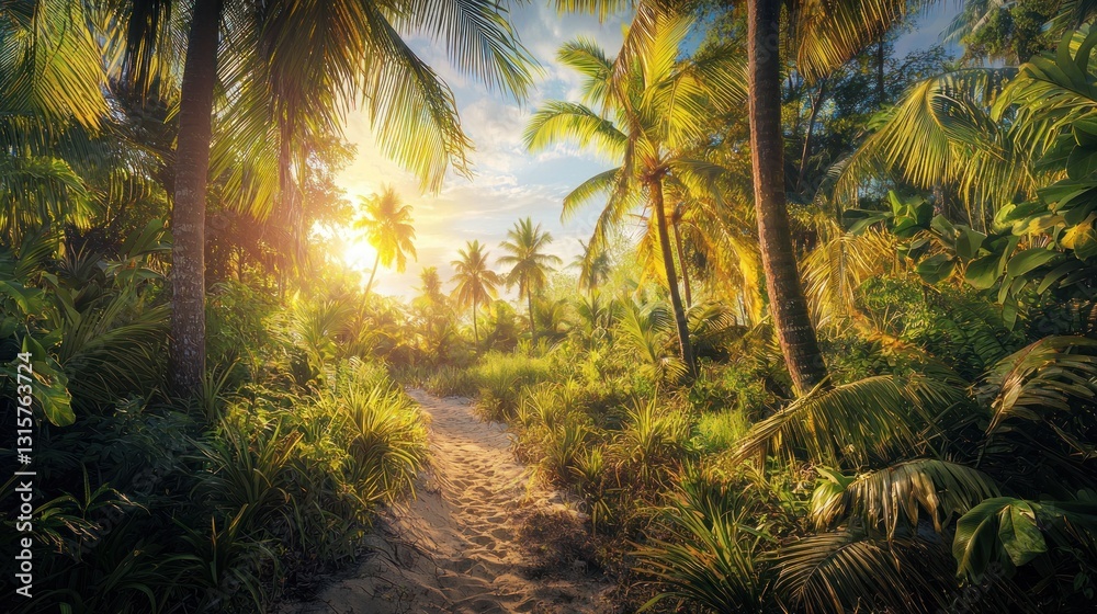 Golden Hour in Tropical Paradise: A Sunlit Path Through Lush Palm Trees Golden Hour in Tropical Paradise: A Sunlit Path Through Lush Palm Trees
