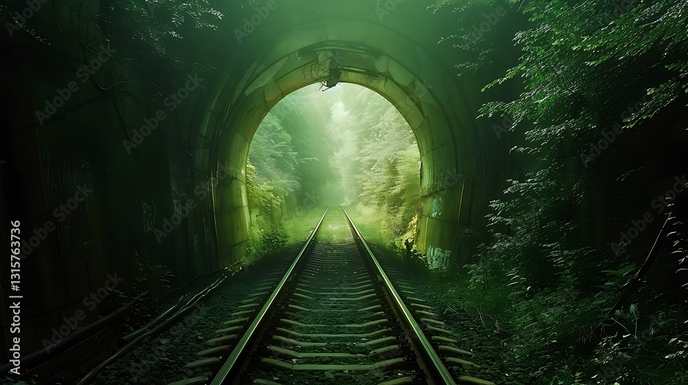 Obraz premium Enchanted Tunnel Surrounded by Lush Green Forest and Train Tracks in Misty Background