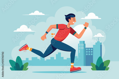 A runner accelerates in an urban setting, surrounded by greenery and modern architecture, Running Customizable Flat Illustration