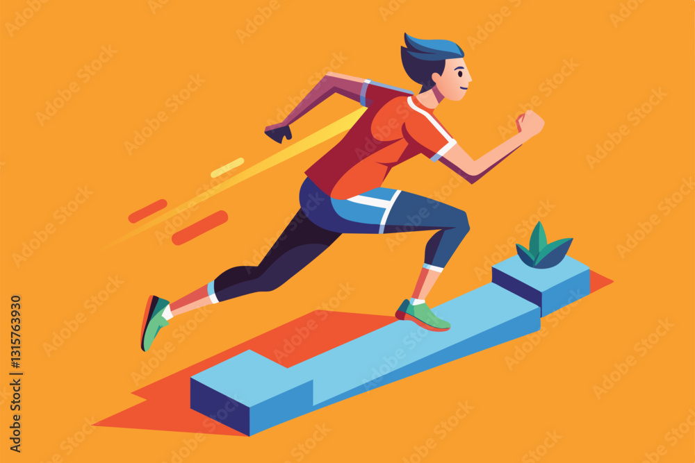 Fototapeta premium A dynamic illustration of a runner sprinting energetically against an orange background, showcasing motion, Running Customizable Isometric Illustration