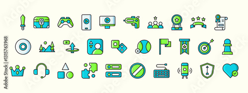 Collection of colorful icons representing various gaming elements and multimedia symbols in a modern flat design showcasing creativity and digital expression
