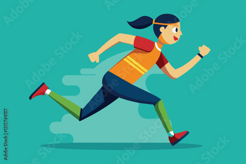 A colorful flat illustration depicts a runner in a lively pose, showcasing movement and energy, Running Customizable Semi Flat Illustration