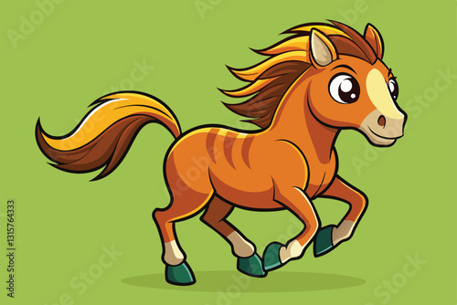 A playful orange horse galloping joyfully against a bright green background, inviting customization, Running horse Customizable Cartoon Illustration