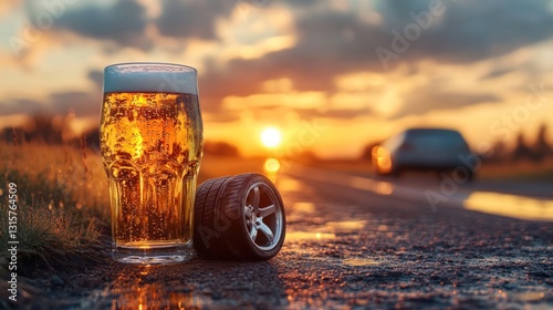 golden pint near a wheel hinting at impaired driving risk against a scenic sunset landscape on a lonely road implying road safety