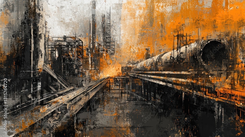 Naklejka premium Industrial Abstract: A fiery orange and dark grey depiction of an industrial complex, showcasing intricate machinery and pipelines in a grunge style.