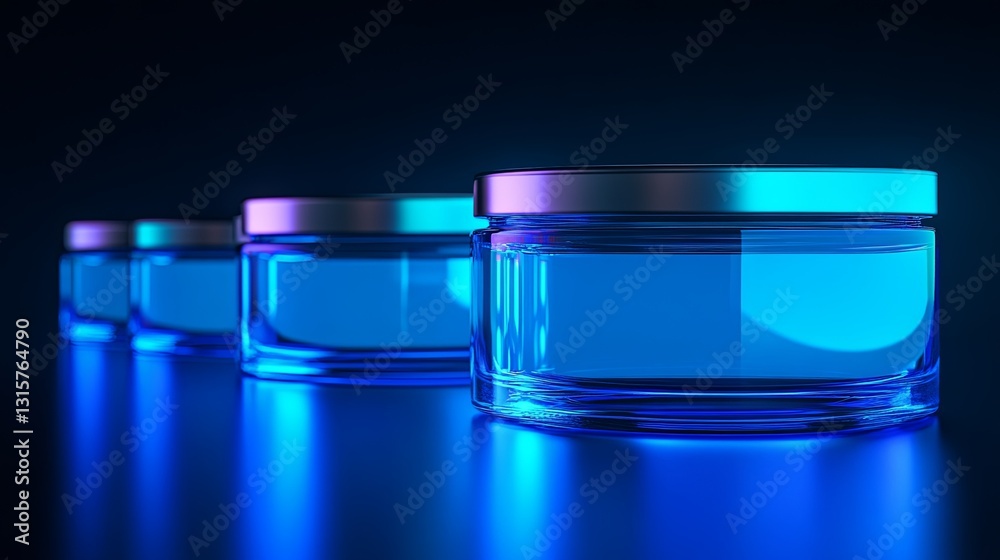 A glowing setup of product jars styled in a row with space for branding. pic A glowing setup of product jars styled in a row with space for branding. pic