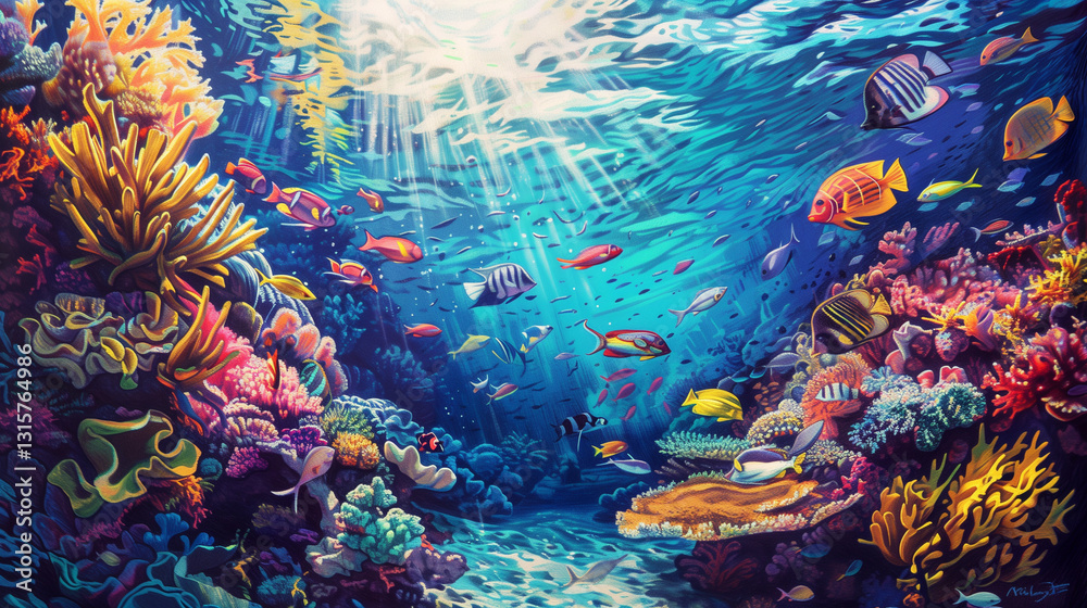 Naklejka premium underwater scene, featuring a school of fish swimming through a coral reef