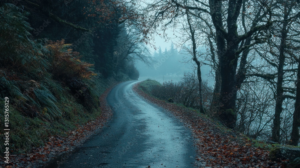 Misty Autumn Road Winding Through a Forest Misty Autumn Road Winding Through a Forest
