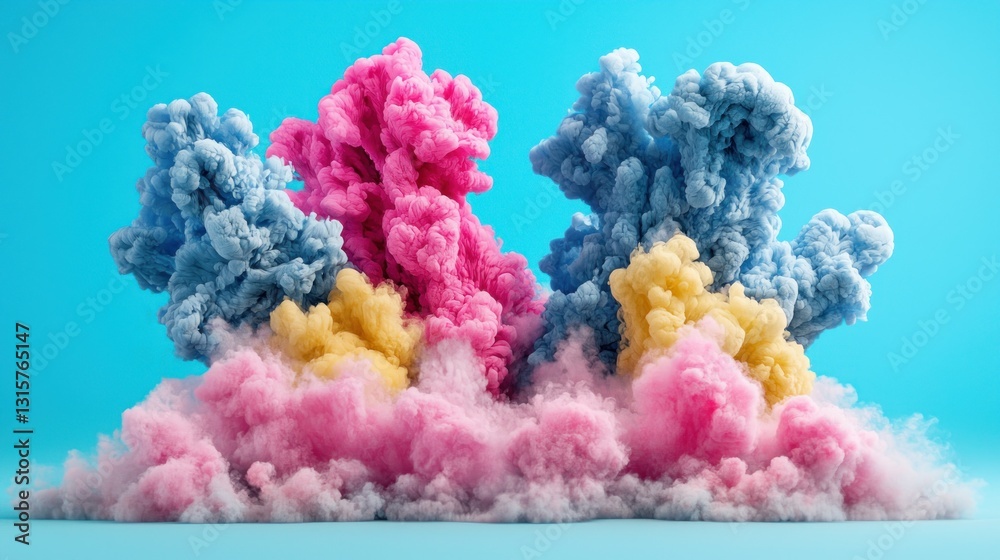 Fototapeta premium Abstract Colorful Ink Explosions: A vibrant and surreal display of pink, blue, and yellow ink clouds against a bright blue background.