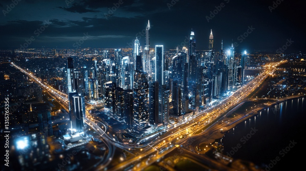 Obraz premium A city at night with a bridge in the background