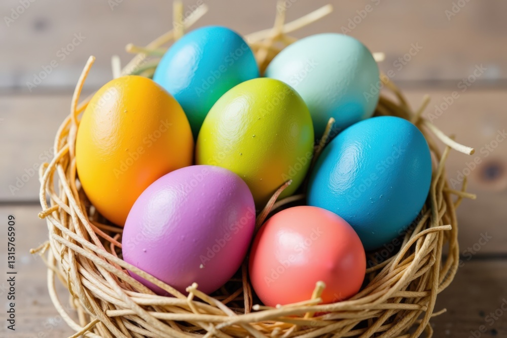 Colorful Easter Eggs Arranged in a Straw Nest Perfect for Spring Celebrations, Featuring Different Shades like Blue, Green, Yellow, Orange, Pink and Purple in a Rustic Setting Colorful Easter Eggs Arranged in a Straw Nest Perfect for Spring Celebrations, Featuring Different Shades like Blue, Green, Yellow, Orange, Pink and Purple in a Rustic Setting