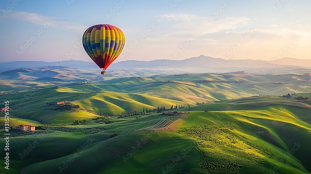 Obraz premium A colorful hot air balloon soars over rolling Tuscan hills at sunrise. Lush green valleys and gentle slopes stretch out below, creating a breathtaking aerial view