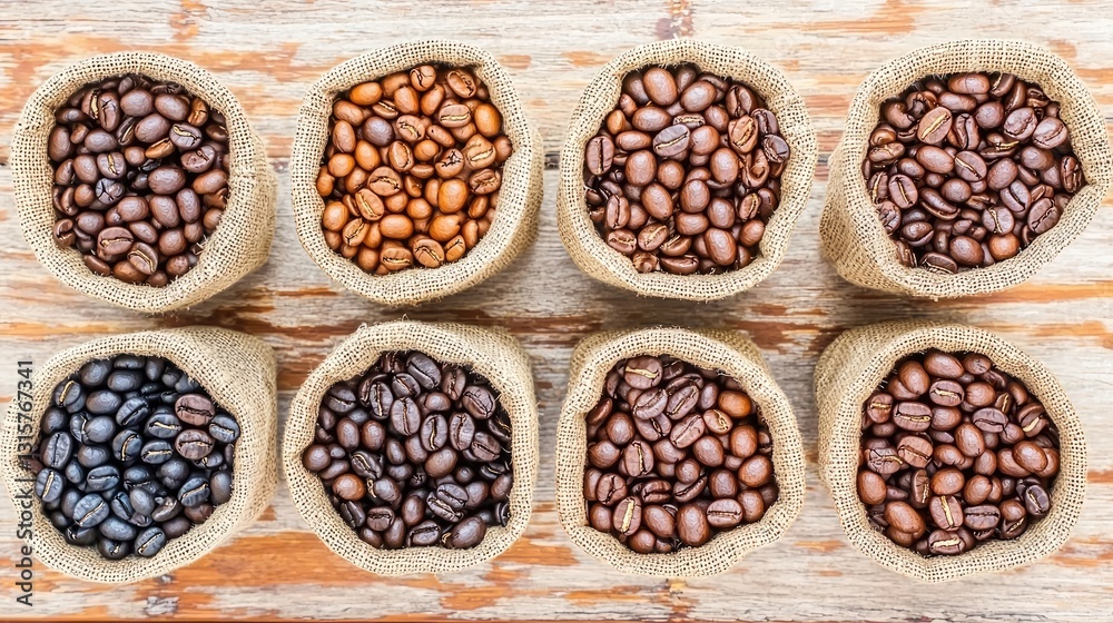 Variety of Coffee Beans in Natural Containers Displayed on a Rustic Wooden Surface Emphasizing Rich Textures and Earthy Tones Variety of Coffee Beans in Natural Containers Displayed on a Rustic Wooden Surface Emphasizing Rich Textures and Earthy Tones