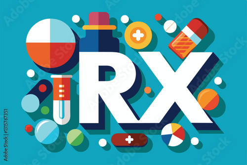 A vibrant arrangement features various prescription medications and pharmacy symbols on a blue backdrop, RX prescription and drugs