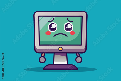 A cartoon-style computer monitor shows a sad face, highlighting emotions in a playful, colorful design, Sad computer monitor, Cartoon flat vector illustration