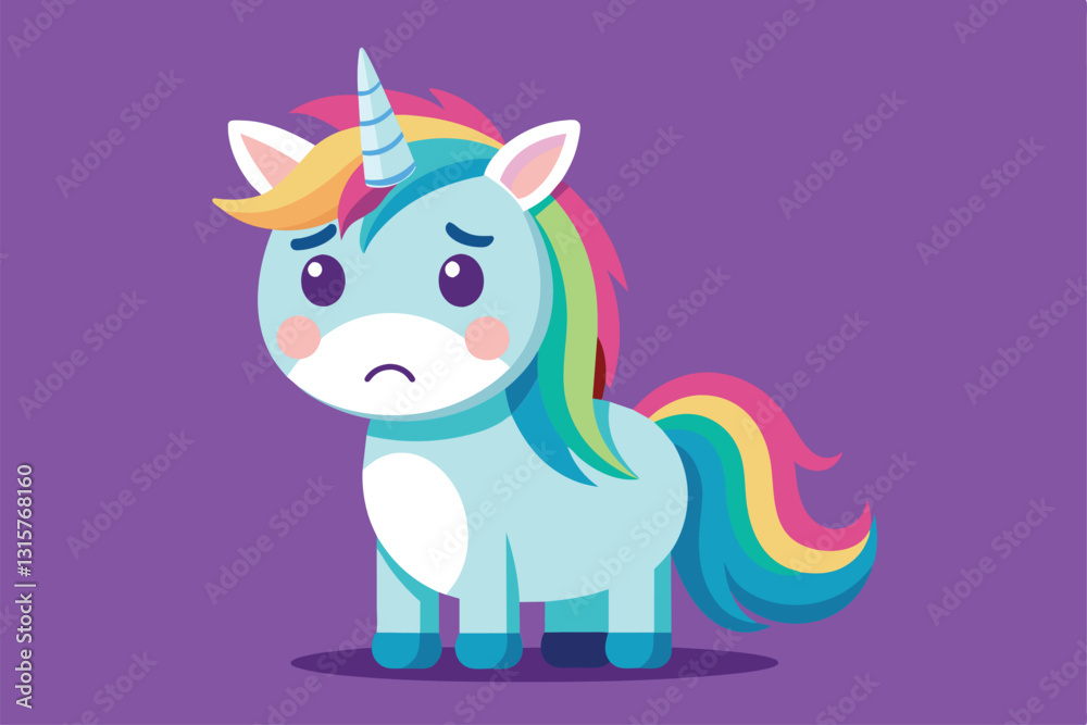A customizable sad unicorn character stands on a purple background with colorful mane and tail details, Sad unicorn Customizable Flat Illustration A customizable sad unicorn character stands on a purple background with colorful mane and tail details, Sad unicorn Customizable Flat Illustration
