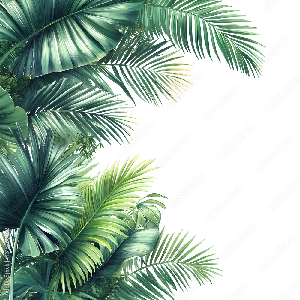 Fototapeta premium Lush tropical plant border featuring vibrant green palm leaves against a clean white advertising background