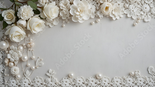 An overhead photo of cotton creative Irish crochet lace white flowers and pearls. Handmade knitted Easter, Christmas, Valentine day backdrop for wedding, birthday, celebration. Place for text.