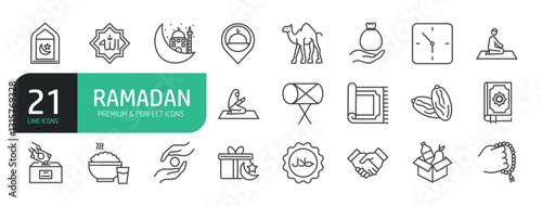 Set Of Ramadan Line Icons. The set includes a Islam, Mosque, Fasting, Quran, Worship, Religion, Crescent, Prayer, Donation, Hampers, and more.