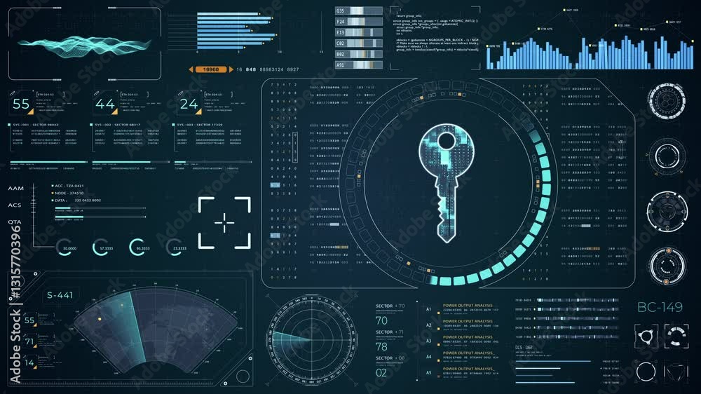 Motion graphic of Blue digital security key with head up display (HUD UI) and circuit panel futuristic abstract background network firewall technology and data secure video concepts