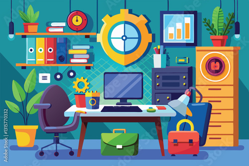 A bright office environment showcases organized desks, plants, and essential safety equipment for protection, Safety and protection at office,