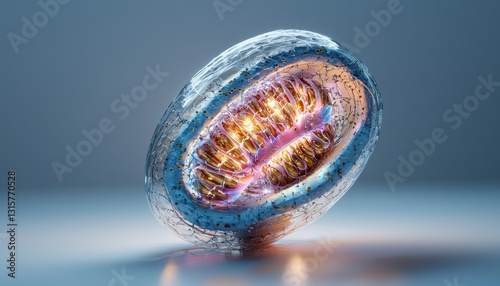 A cell mitochondria glowing, metallic object with a blue center