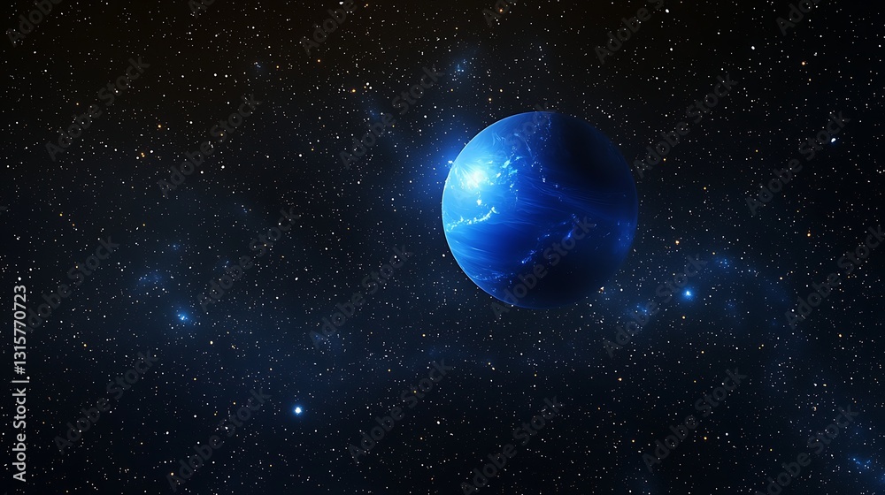 A vibrant blue planet in deep space. Detailed celestial body with glowing light effects against a backdrop of numerous stars A vibrant blue planet in deep space. Detailed celestial body with glowing light effects against a backdrop of numerous stars