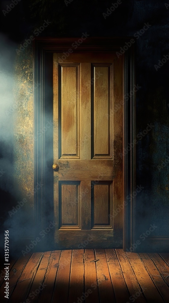 Obraz premium Mysterious Old Wooden Door in a Dark Room