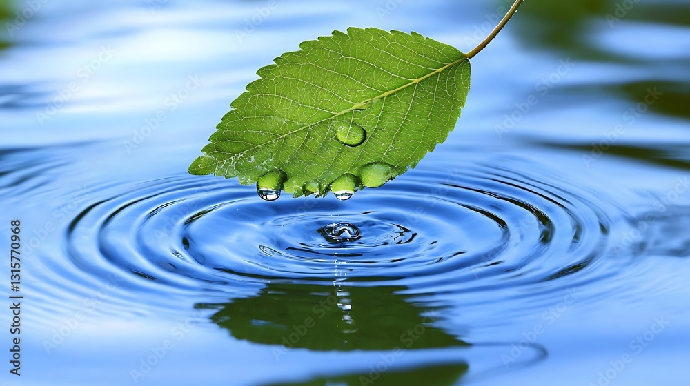 A vibrant green leaf, adorned with water droplets, delicately rests above a tranquil water surface. Circular ripples emanate outward from the point of impact A vibrant green leaf, adorned with water droplets, delicately rests above a tranquil water surface. Circular ripples emanate outward from the point of impact