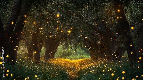 A quiet forest clearing with fireflies glowing under a canopy of tall, ancient trees.