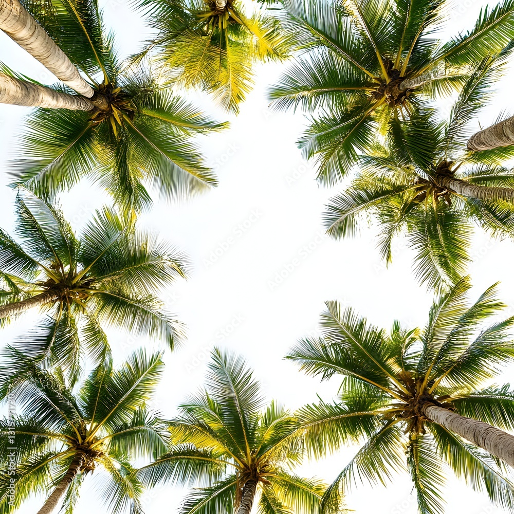 Naklejka premium Tropical palm trees framed against a bright white background offering a unique perspective from below the canopy