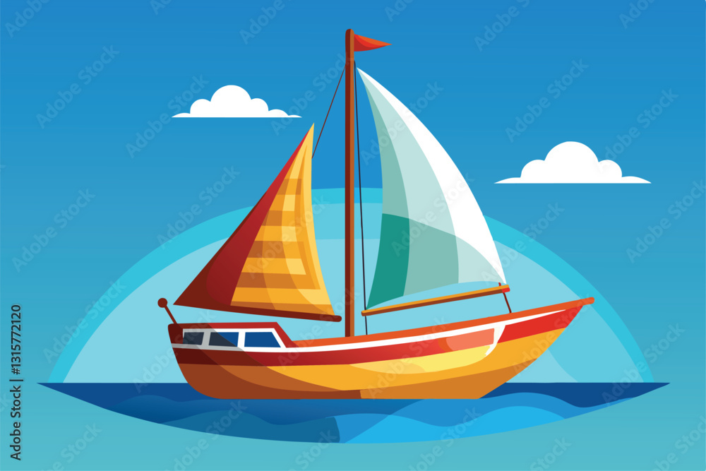 Fototapeta premium A vibrant, customizable sailboat sails smoothly on a calm ocean under a bright blue sky, Sail boat Customizable Cartoon Illustration