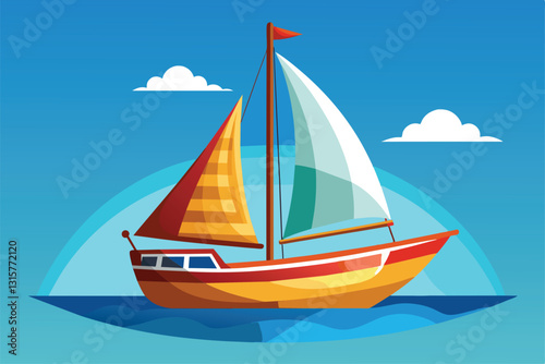 A vibrant, customizable sailboat sails smoothly on a calm ocean under a bright blue sky, Sail boat Customizable Cartoon Illustration