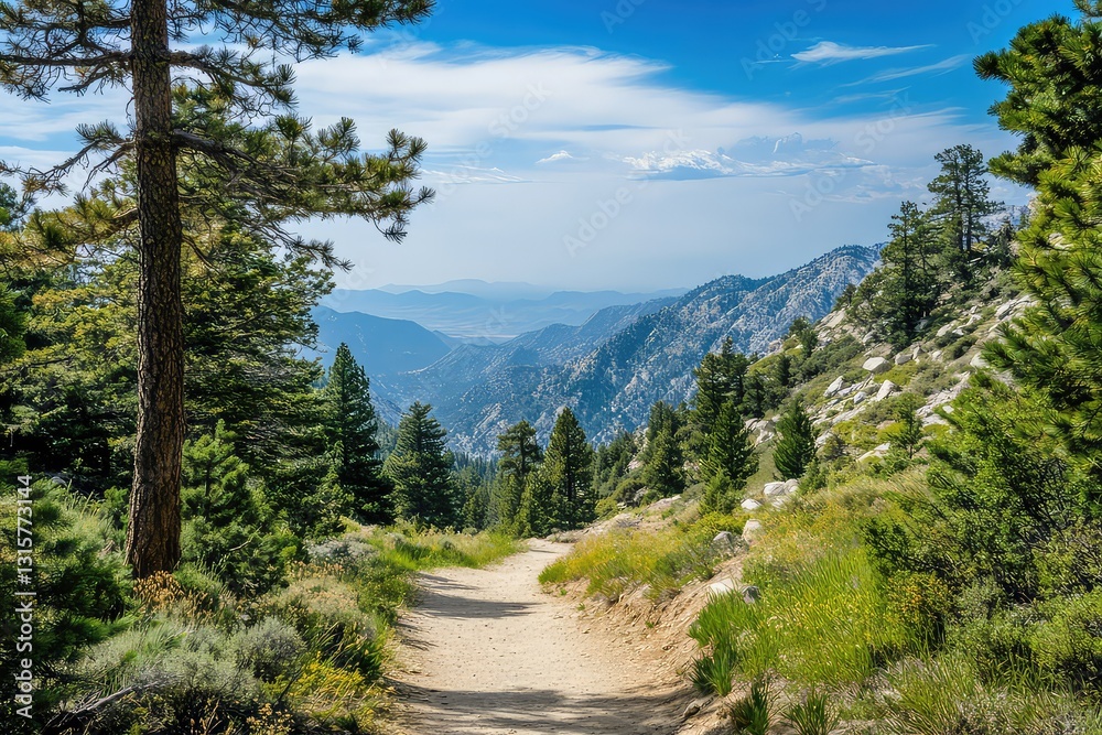 A winding trail flanked by pine trees, leading to a breathtaking valley view. A winding trail flanked by pine trees, leading to a breathtaking valley view.