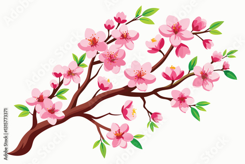 Delicate pink flowers bloom on a sakura branch, showcasing spring's beauty with fresh green leaves, Sakura pink branch concept,