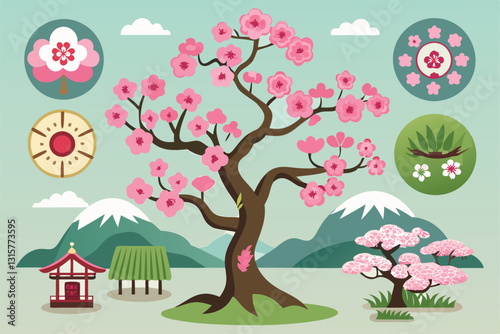 Sakura trees adorned with pink blossoms set against a picturesque Japanese mountain backdrop, Sakura tree set, Icons with flowering Japanese plant,