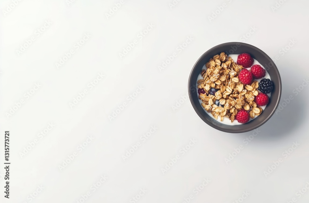 Overhead View of a Dark Brown Bowl Filled with Cereal and Fresh Berries in Milk on a White Background Perfect for Healthy Eating Concept Overhead View of a Dark Brown Bowl Filled with Cereal and Fresh Berries in Milk on a White Background Perfect for Healthy Eating Concept