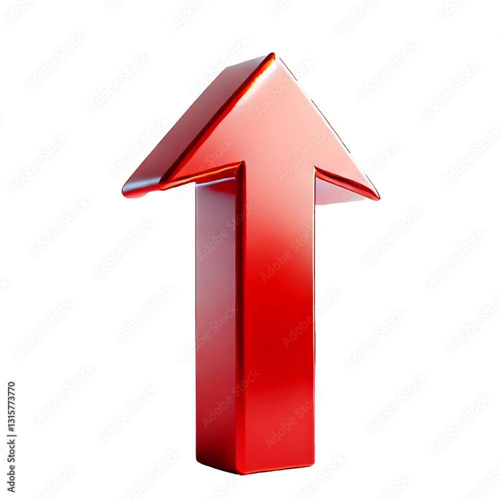 RED upward arrow isolated on a white background. Clean and glossy design. Concept of direction and rise. 3D Rendering RED upward arrow isolated on a white background. Clean and glossy design. Concept of direction and rise. 3D Rendering