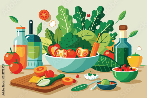 Fresh vegetables like cucumbers and tomatoes are being prepared for a vibrant salad in a bright kitchen, Salad preparing, Cucumber with tomatoes and lettuce,