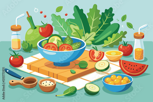 Fresh ingredients like cucumbers, tomatoes, and lettuce are being prepared for a colorful salad, Salad preparing, Cucumber with tomatoes and lettuce,