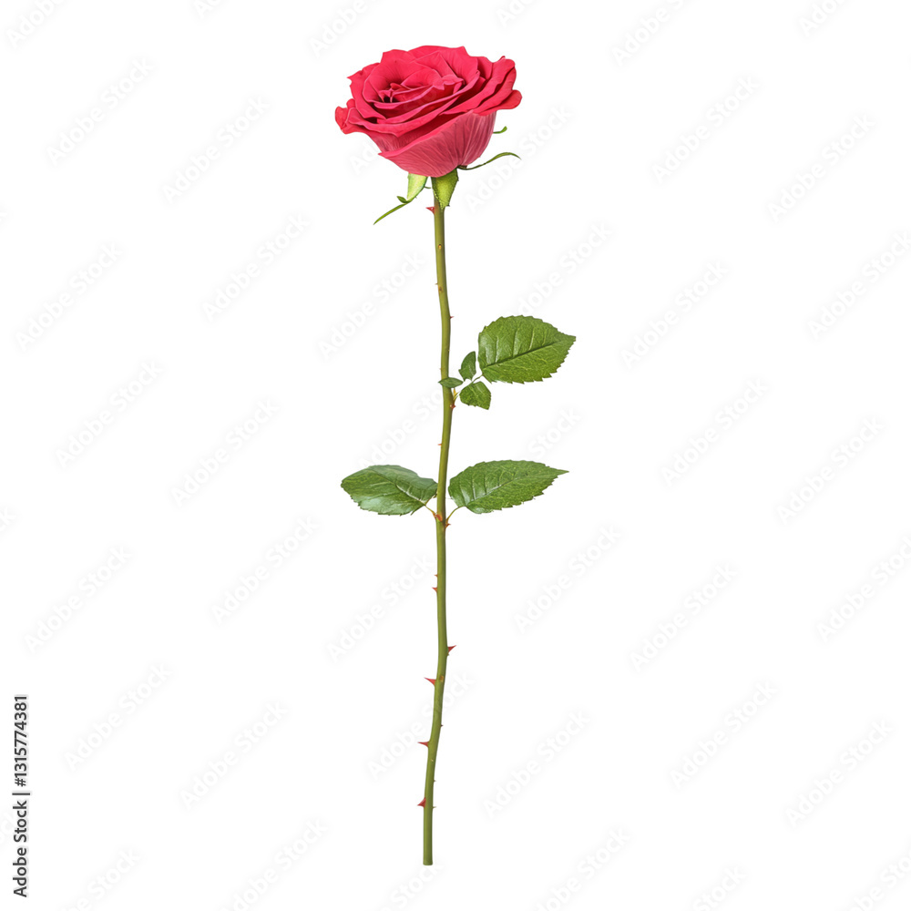 Single Bright Red Rose on Green Stem with Leaves Isolated on transparent background Single Bright Red Rose on Green Stem with Leaves Isolated on transparent background