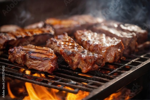 Delicious ribs cooking on a flaming grill, closeup shot with vibrant colors and intense mood, perfect for food lovers.