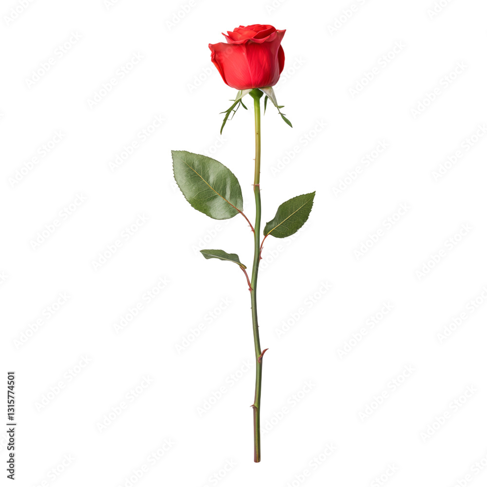 Fototapeta premium Single Red Rose on Green Stem with Leaves Isolated Isolated on transparent background