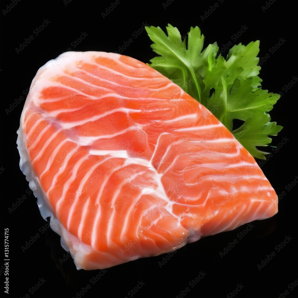 Fresh Pink Salmon Fillet with Striped Pattern on Black Background Garnished with Green Parsley Fresh Pink Salmon Fillet with Striped Pattern on Black Background Garnished with Green Parsley