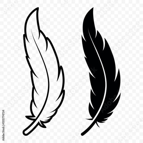 Vector Black and White Fluffy Feather Logo Icons. Silhouette Feather Set Closeup Isolated. Design Template of Flamingo, Angel, Bird Feather. Lightness and Freedom Concept