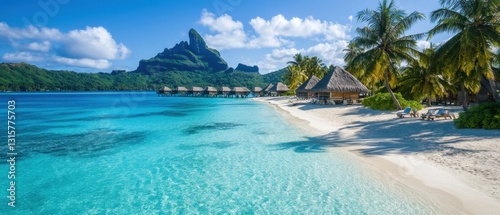 A beautiful beach with palm trees and a clear blue ocean
