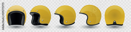 Vector 3d Realistic Blank Yellow Glossy Classic Vintage Open-Face Motorbike Helmet Design Template for Mockup. Front, Side and Back View. Motorcycle Helmet Icon, Closeup, Isolated